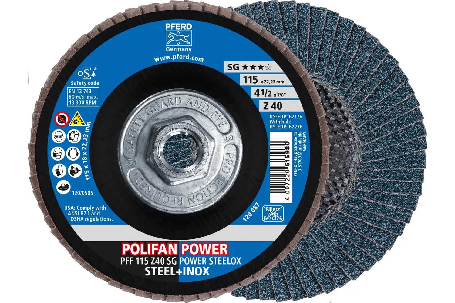 Picture of Pferd Flap Disc, 4-1/2" x 5/8-11, Z SG Power Steelox, 40 Grit, T27, Flat, Zirconia
